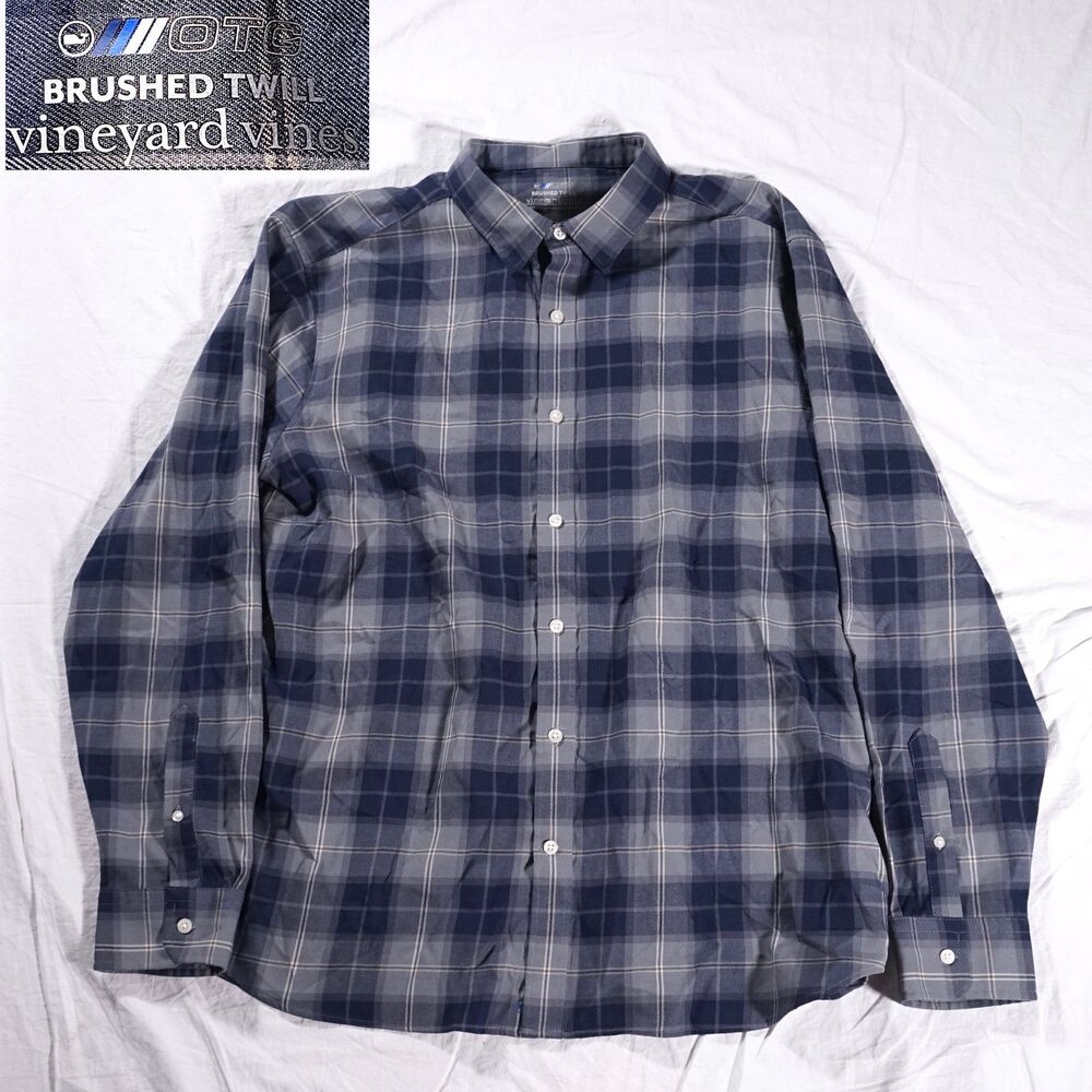 Vineyard Vines On-The-Go Brushed Twill Flannel Shirt Blue Gray Mens XL